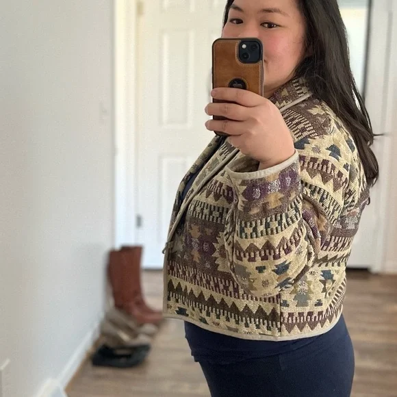 VINTAGE New Direction Cropped Jacket Cotton Aztec Print Small Southwest Boho - Picture 6 of 7